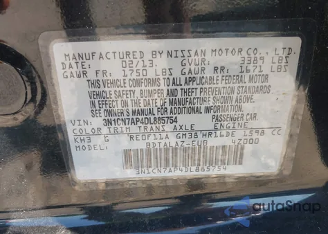 2013 Nissan Versa 1.6 S+ from USA, damaged, VIN 3N1CN7AP4DL885754